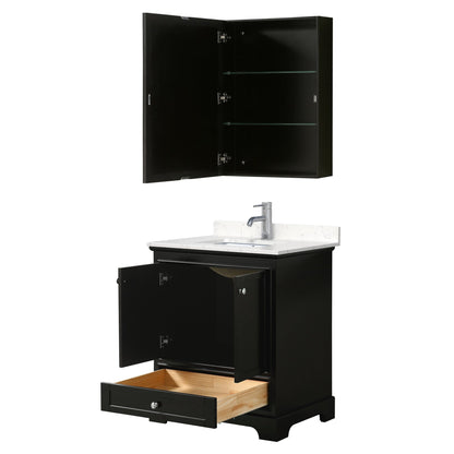 Wyndham Collection Deborah 30" Single Bathroom Vanity in Dark Espresso, Light-Vein Carrara Cultured Marble Countertop, Undermount Square Sink, Medicine Cabinet