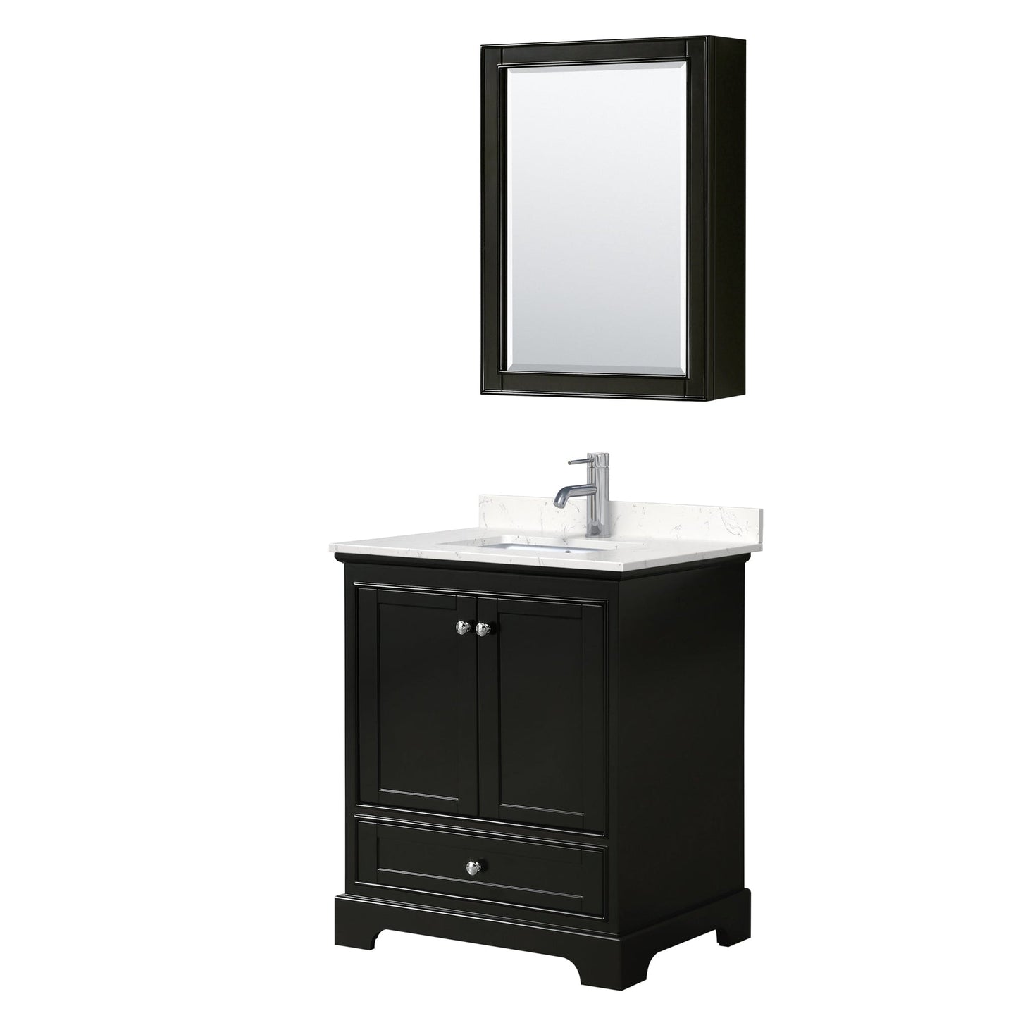 Wyndham Collection Deborah 30" Single Bathroom Vanity in Dark Espresso, Light-Vein Carrara Cultured Marble Countertop, Undermount Square Sink, Medicine Cabinet