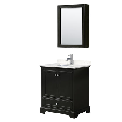 Wyndham Collection Deborah 30" Single Bathroom Vanity in Dark Espresso, Light-Vein Carrara Cultured Marble Countertop, Undermount Square Sink, Medicine Cabinet