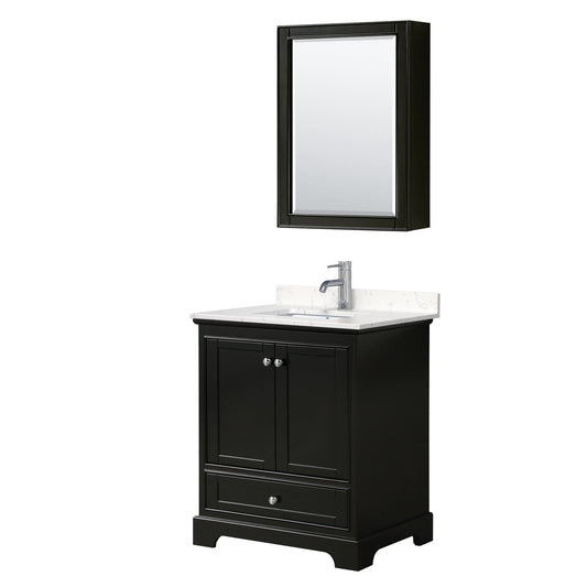 Wyndham Collection Deborah 30" Single Bathroom Vanity in Dark Espresso, Light-Vein Carrara Cultured Marble Countertop, Undermount Square Sink, Medicine Cabinet