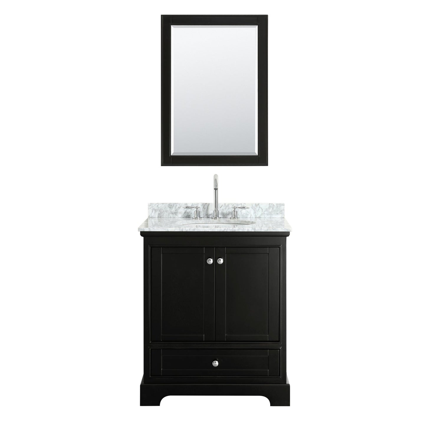 Wyndham Collection Deborah 30" Single Bathroom Vanity in Dark Espresso, White Carrara Marble Countertop, Undermount Oval Sink, and 24" Mirror