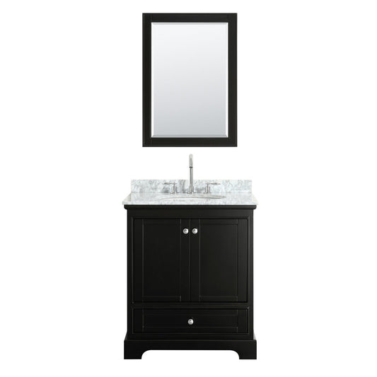 Wyndham Collection Deborah 30" Single Bathroom Vanity in Dark Espresso, White Carrara Marble Countertop, Undermount Oval Sink, and 24" Mirror
