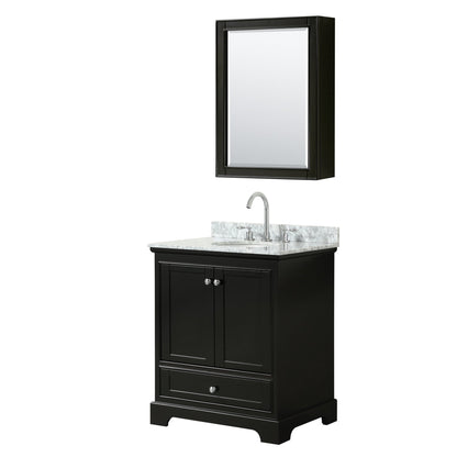 Wyndham Collection Deborah 30" Single Bathroom Vanity in Dark Espresso, White Carrara Marble Countertop, Undermount Oval Sink, and Medicine Cabinet