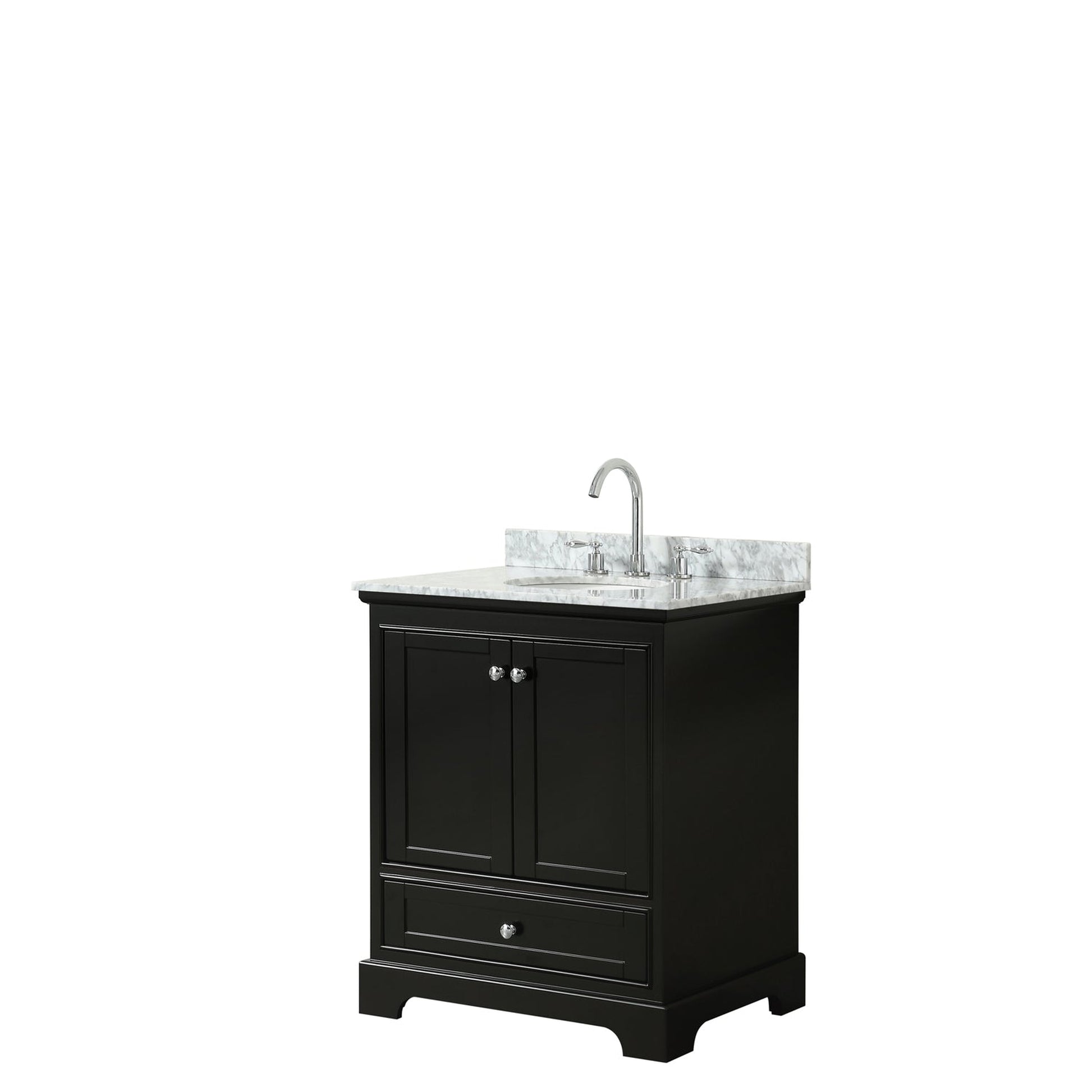 Wyndham Collection Deborah 30" Single Bathroom Vanity in Dark Espresso, White Carrara Marble Countertop, Undermount Oval Sink, and No Mirror