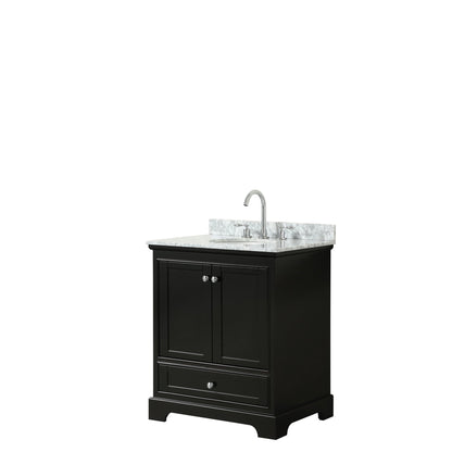 Wyndham Collection Deborah 30" Single Bathroom Vanity in Dark Espresso, White Carrara Marble Countertop, Undermount Oval Sink, and No Mirror
