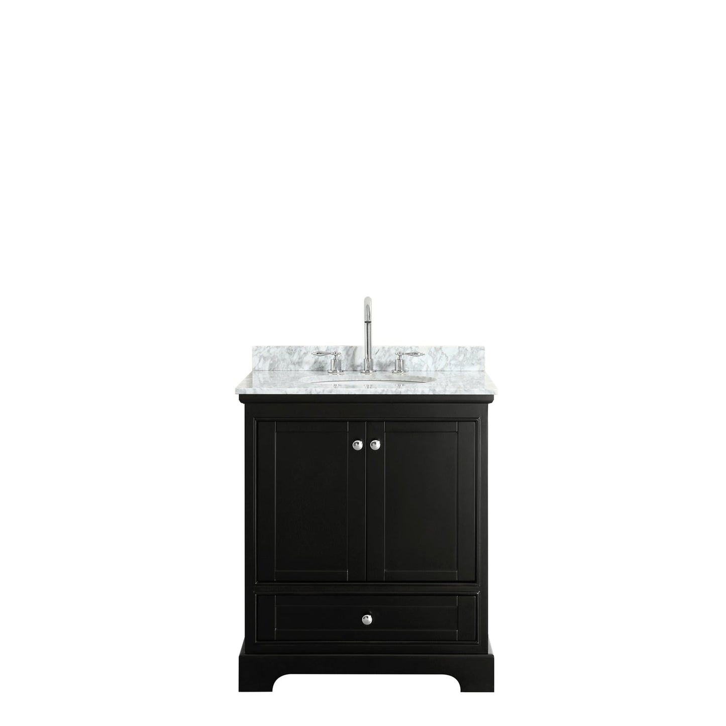 Wyndham Collection Deborah 30" Single Bathroom Vanity in Dark Espresso, White Carrara Marble Countertop, Undermount Oval Sink, and No Mirror