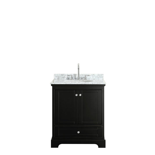 Wyndham Collection Deborah 30" Single Bathroom Vanity in Dark Espresso, White Carrara Marble Countertop, Undermount Oval Sink, and No Mirror