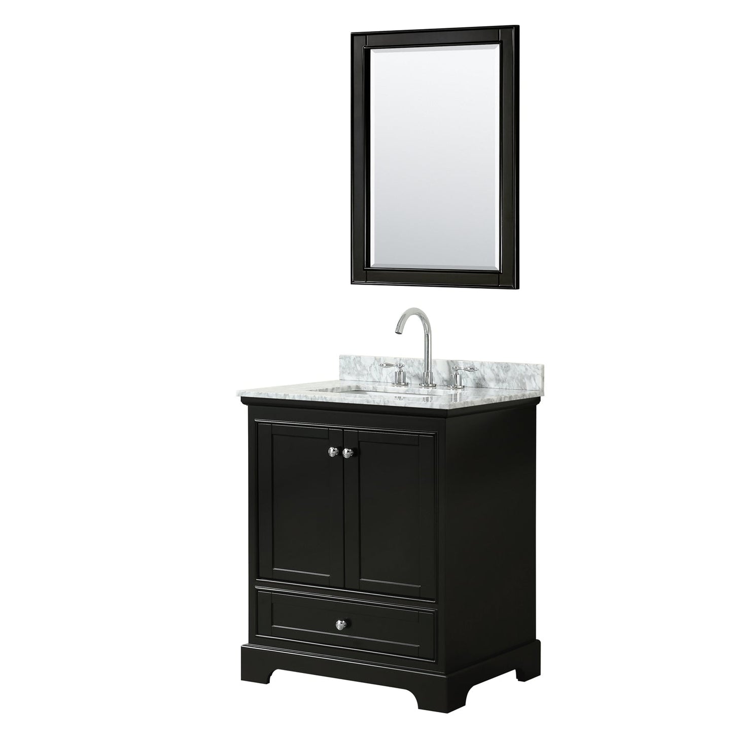 Wyndham Collection Deborah 30" Single Bathroom Vanity in Dark Espresso, White Carrara Marble Countertop, Undermount Square Sink, and 24" Mirror