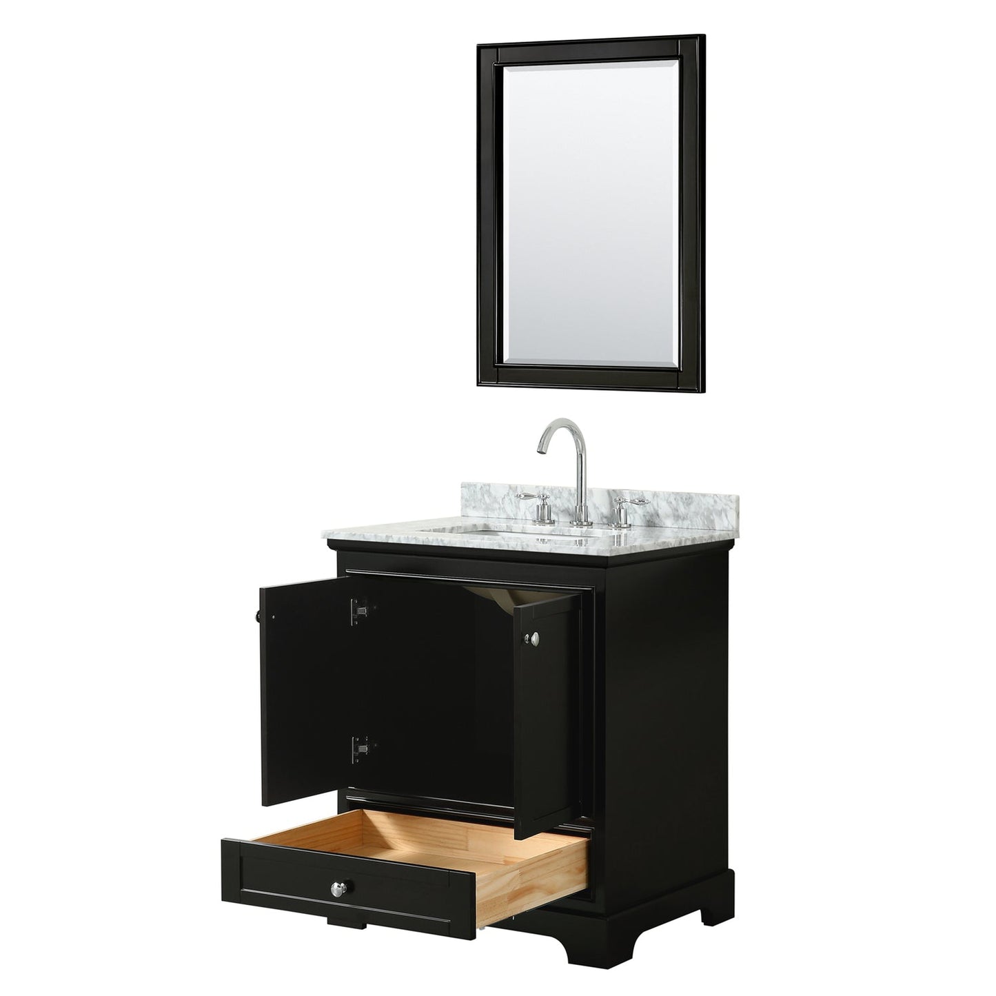 Wyndham Collection Deborah 30" Single Bathroom Vanity in Dark Espresso, White Carrara Marble Countertop, Undermount Square Sink, and 24" Mirror