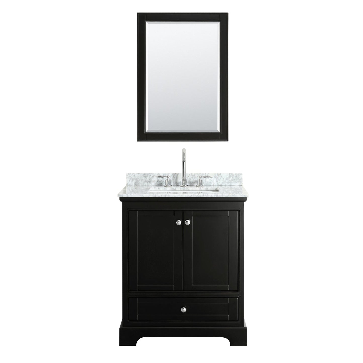 Wyndham Collection Deborah 30" Single Bathroom Vanity in Dark Espresso, White Carrara Marble Countertop, Undermount Square Sink, and 24" Mirror