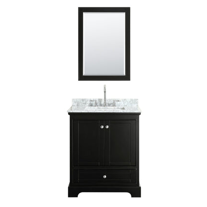 Wyndham Collection Deborah 30" Single Bathroom Vanity in Dark Espresso, White Carrara Marble Countertop, Undermount Square Sink, and 24" Mirror