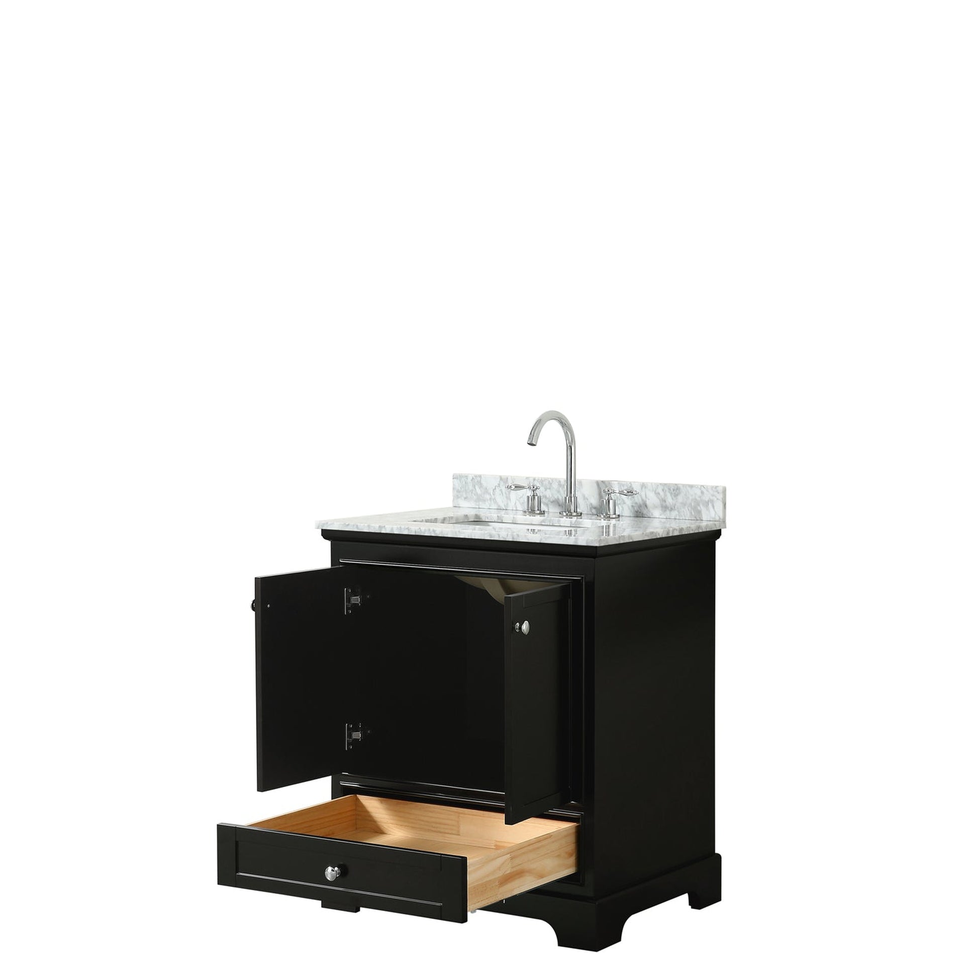 Wyndham Collection Deborah 30" Single Bathroom Vanity in Dark Espresso, White Carrara Marble Countertop, Undermount Square Sink, and No Mirror