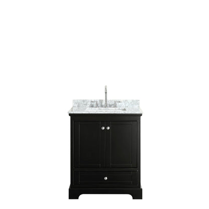 Wyndham Collection Deborah 30" Single Bathroom Vanity in Dark Espresso, White Carrara Marble Countertop, Undermount Square Sink, and No Mirror