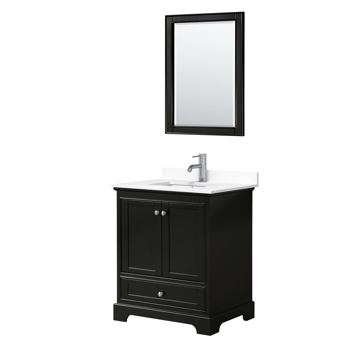 Wyndham Collection Deborah 30" Single Bathroom Vanity in Dark Espresso, White Cultured Marble Countertop, Undermount Square Sink, 24" Mirror