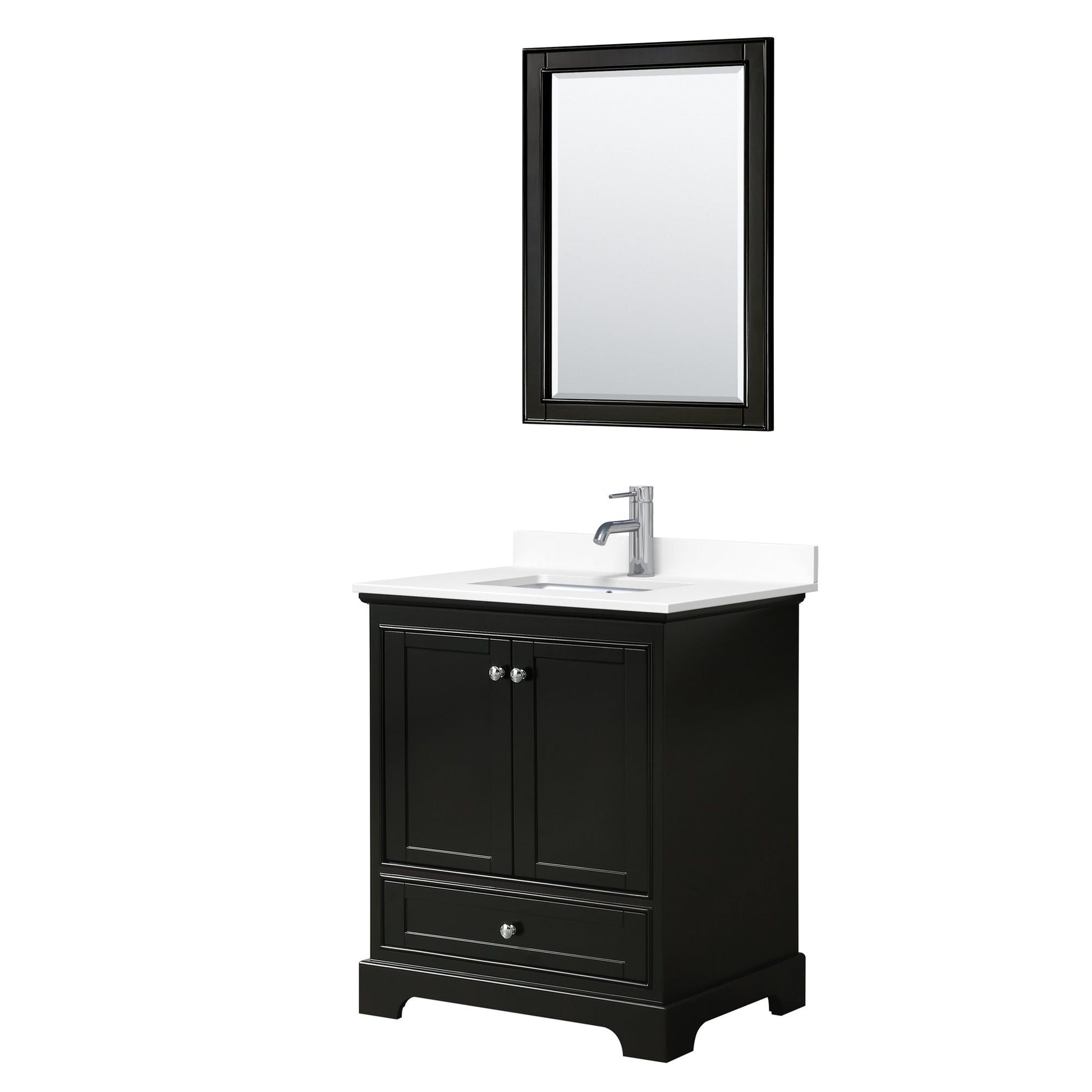 Wyndham Collection Deborah 30" Single Bathroom Vanity in Dark Espresso, White Cultured Marble Countertop, Undermount Square Sink, 24" Mirror