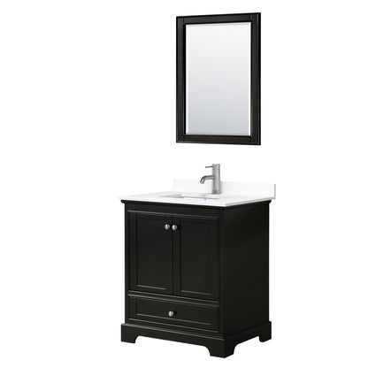 Wyndham Collection Deborah 30" Single Bathroom Vanity in Dark Espresso, White Cultured Marble Countertop, Undermount Square Sink, 24" Mirror