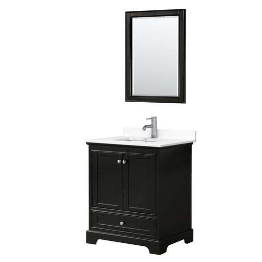 Wyndham Collection Deborah 30" Single Bathroom Vanity in Dark Espresso, White Cultured Marble Countertop, Undermount Square Sink, 24" Mirror