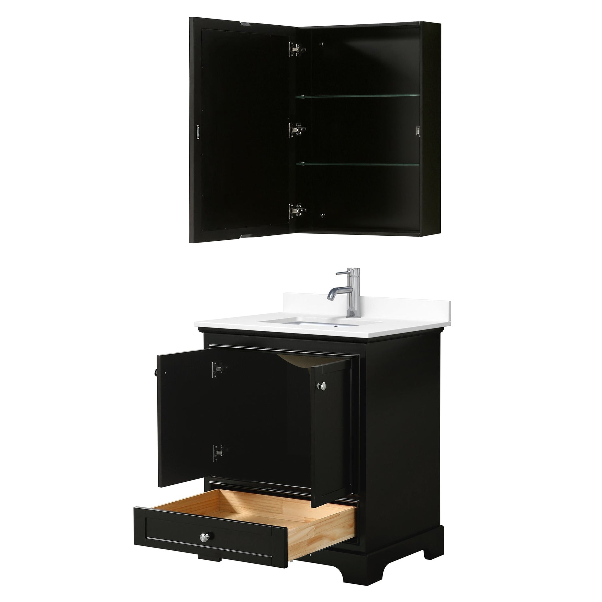 Wyndham Collection Deborah 30" Single Bathroom Vanity in Dark Espresso, White Cultured Marble Countertop, Undermount Square Sink, Medicine Cabinet