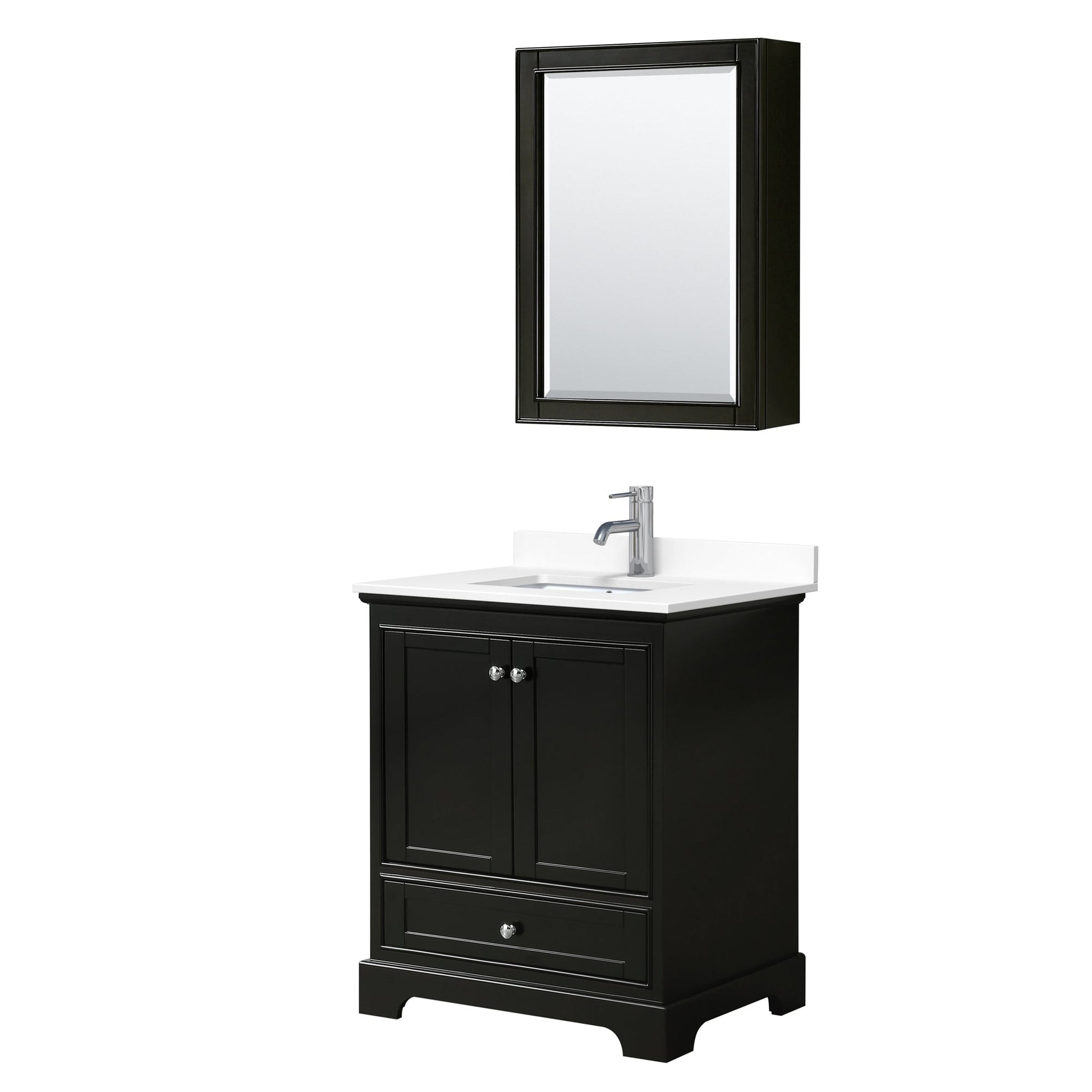 Wyndham Collection Deborah 30" Single Bathroom Vanity in Dark Espresso, White Cultured Marble Countertop, Undermount Square Sink, Medicine Cabinet