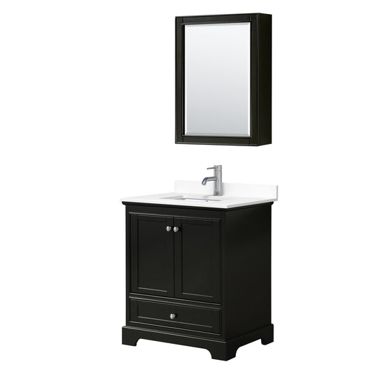 Wyndham Collection Deborah 30" Single Bathroom Vanity in Dark Espresso, White Cultured Marble Countertop, Undermount Square Sink, Medicine Cabinet