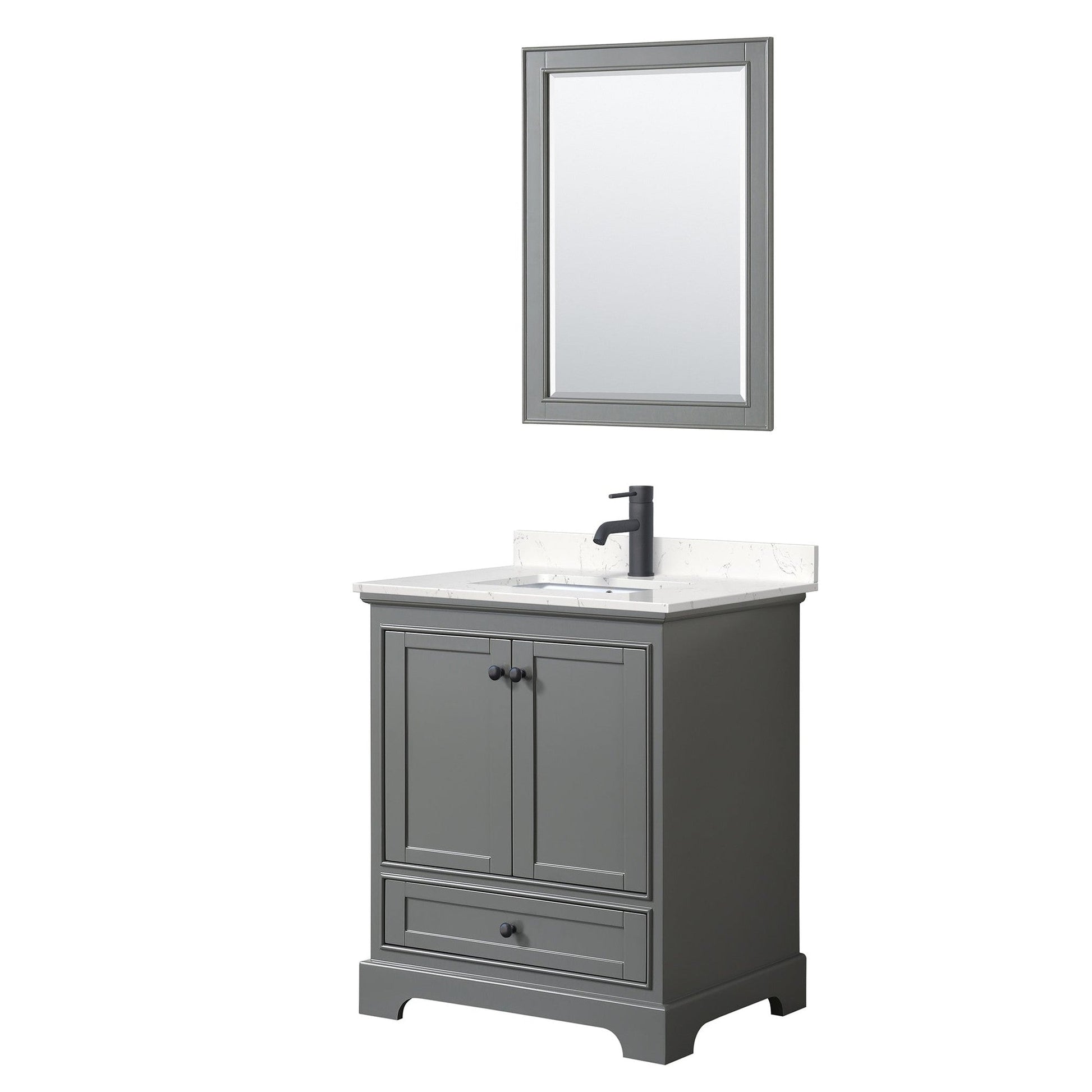 Wyndham Collection Deborah 30" Single Bathroom Vanity in Dark Gray, Carrara Cultured Marble Countertop, Undermount Square Sink, Matte Black Trim, 24" Mirror