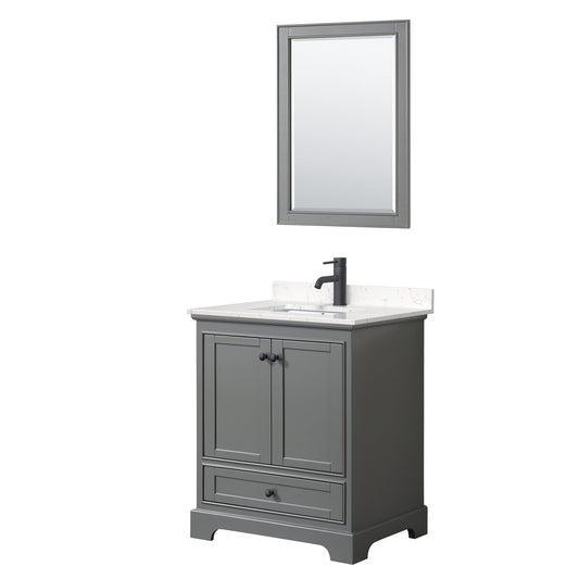 Wyndham Collection Deborah 30" Single Bathroom Vanity in Dark Gray, Carrara Cultured Marble Countertop, Undermount Square Sink, Matte Black Trim, 24" Mirror