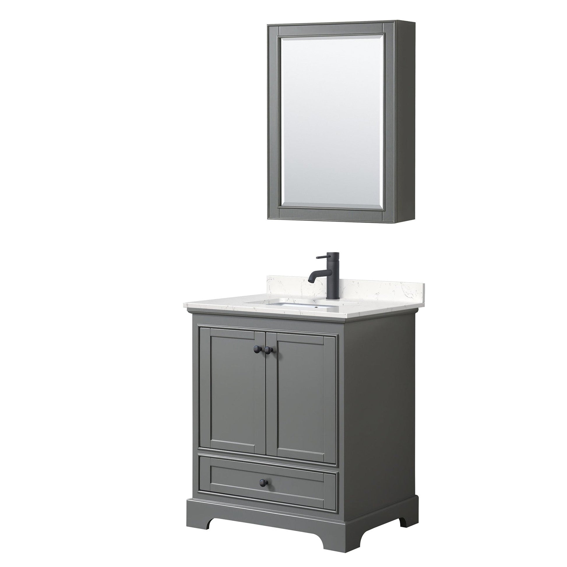 Wyndham Collection Deborah 30" Single Bathroom Vanity in Dark Gray, Carrara Cultured Marble Countertop, Undermount Square Sink, Matte Black Trim, Medicine Cabinet
