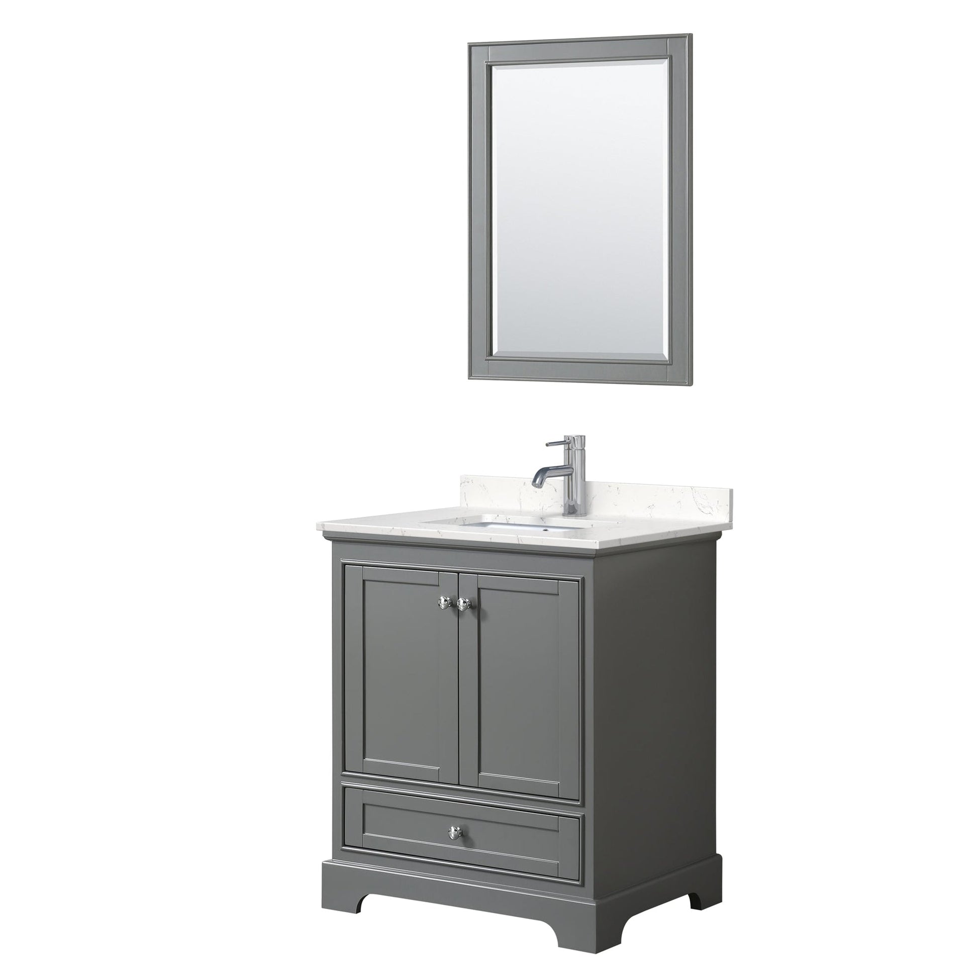 Wyndham Collection Deborah 30" Single Bathroom Vanity in Dark Gray, Light-Vein Carrara Cultured Marble Countertop, Undermount Square Sink, 24" Mirror