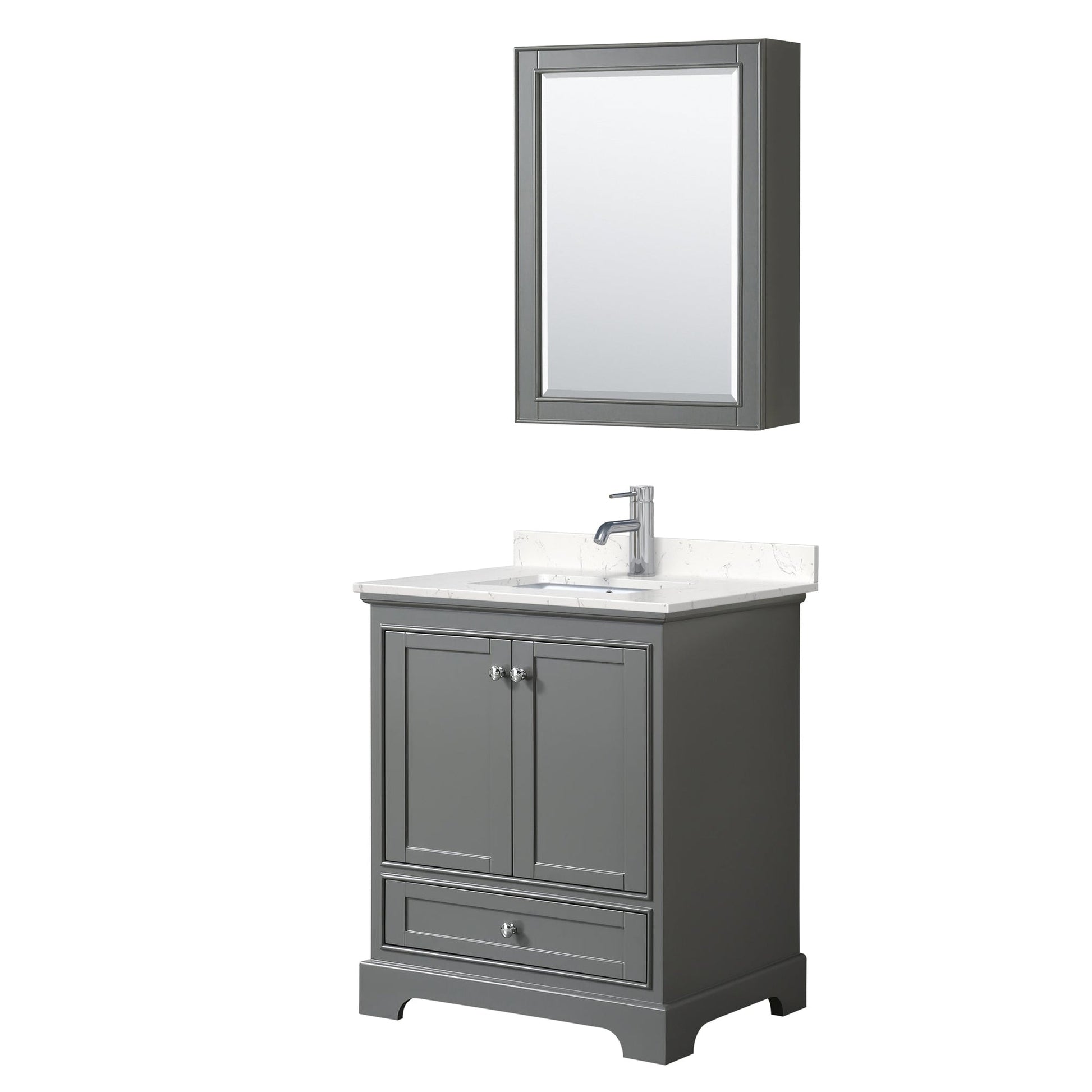 Wyndham Collection Deborah 30" Single Bathroom Vanity in Dark Gray, Light-Vein Carrara Cultured Marble Countertop, Undermount Square Sink, Medicine Cabinet