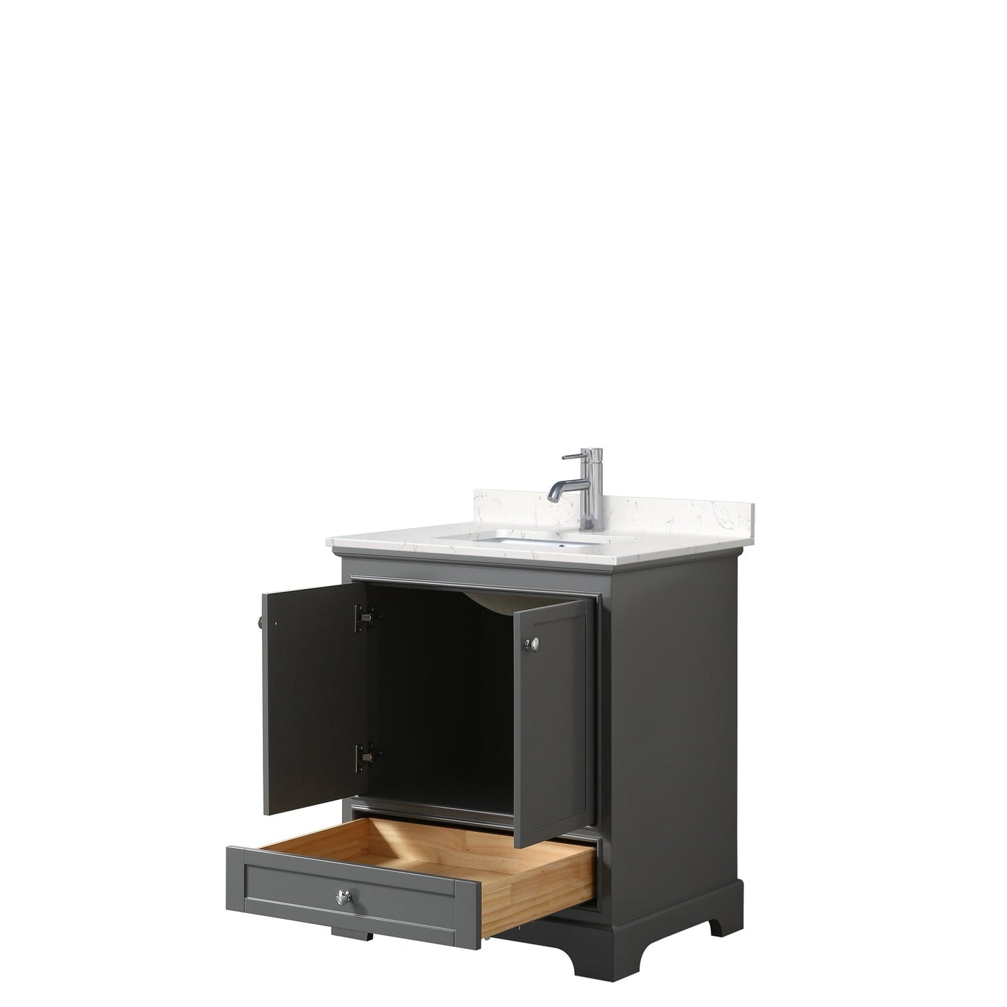Wyndham Collection Deborah 30" Single Bathroom Vanity in Dark Gray, Light-Vein Carrara Cultured Marble Countertop, Undermount Square Sink, No Mirror