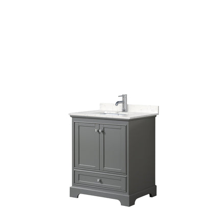 Wyndham Collection Deborah 30" Single Bathroom Vanity in Dark Gray, Light-Vein Carrara Cultured Marble Countertop, Undermount Square Sink, No Mirror