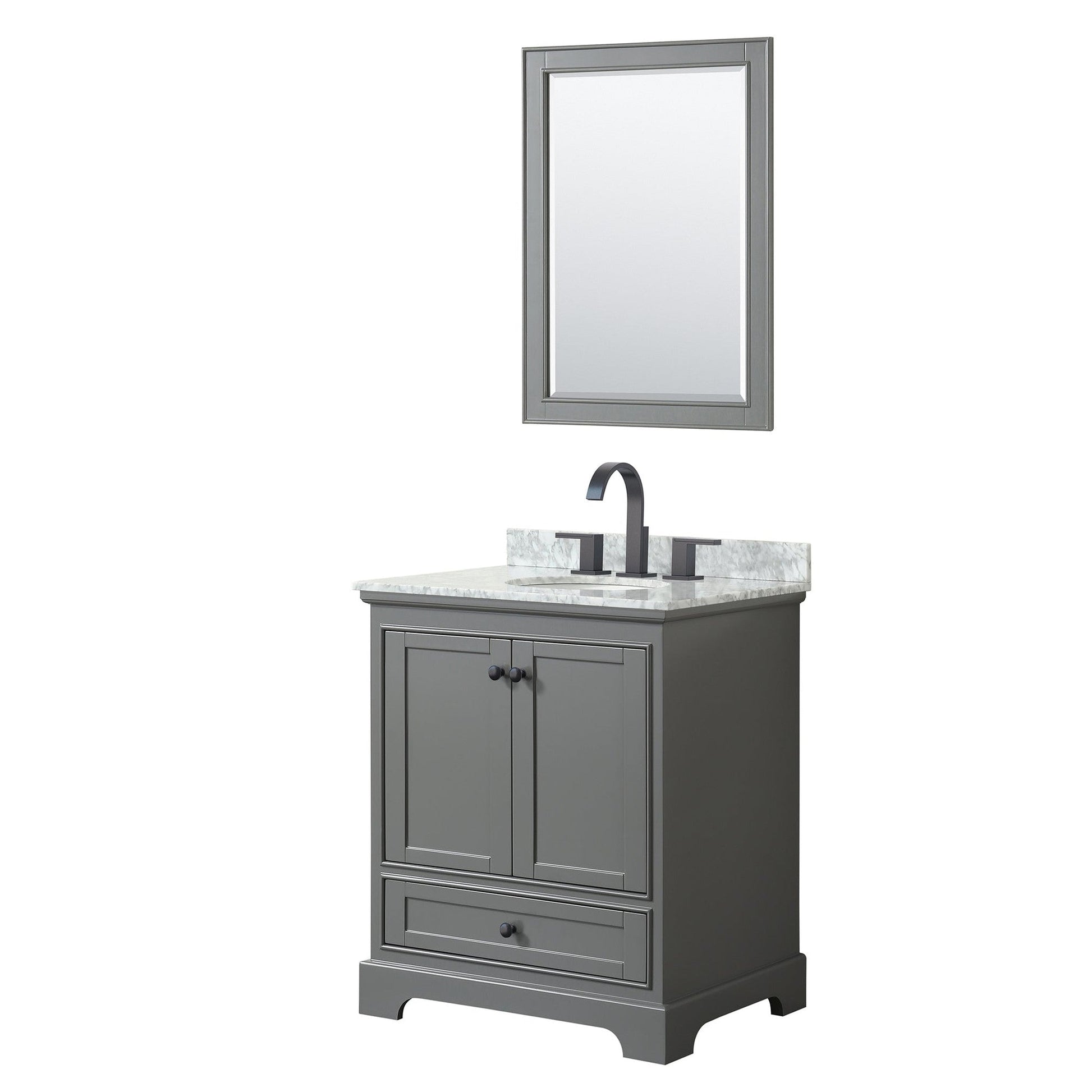 Wyndham Collection Deborah 30" Single Bathroom Vanity in Dark Gray, White Carrara Marble Countertop, Undermount Oval Sink, Matte Black Trim, 24" Mirror