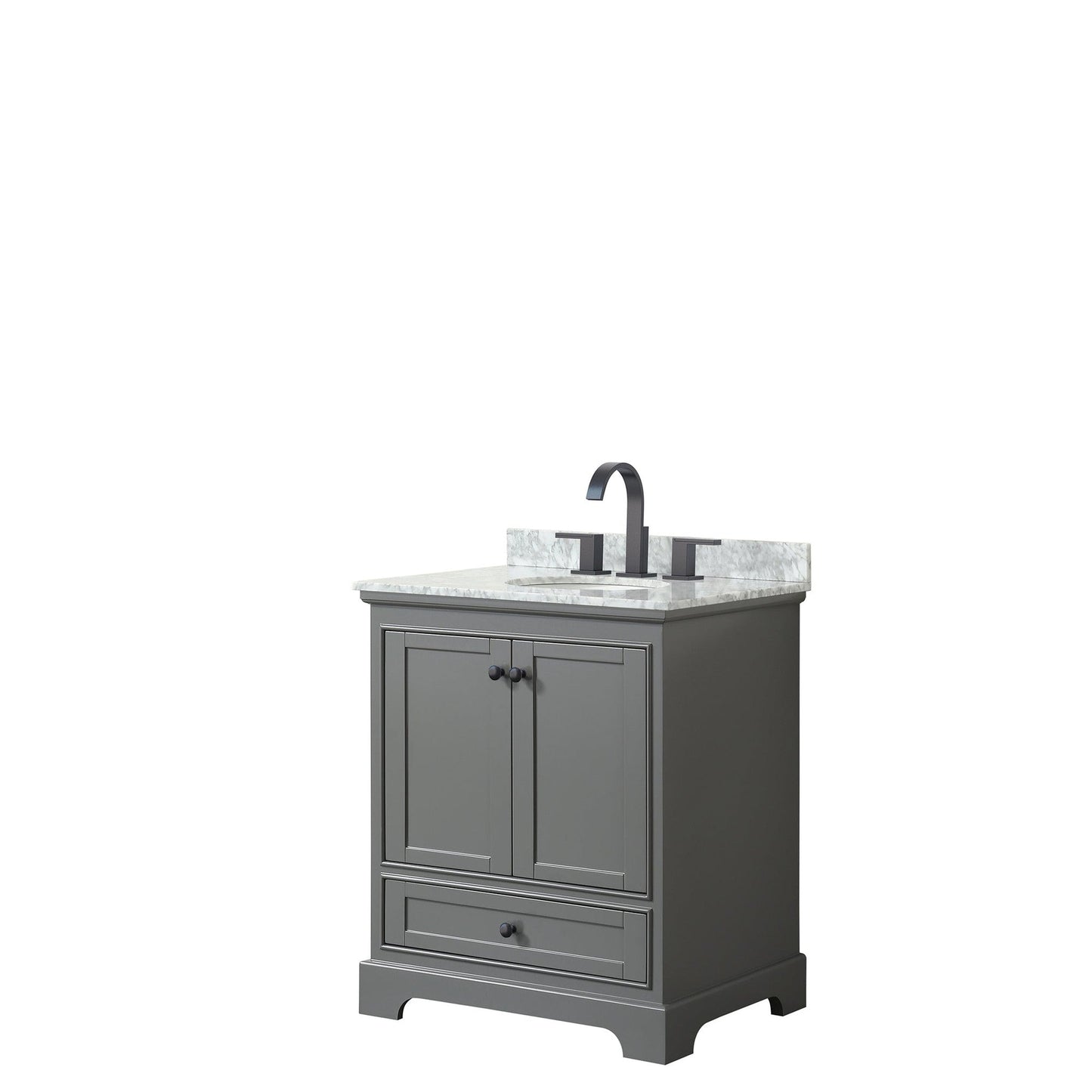 Wyndham Collection Deborah 30" Single Bathroom Vanity in Dark Gray, White Carrara Marble Countertop, Undermount Oval Sink, Matte Black Trim