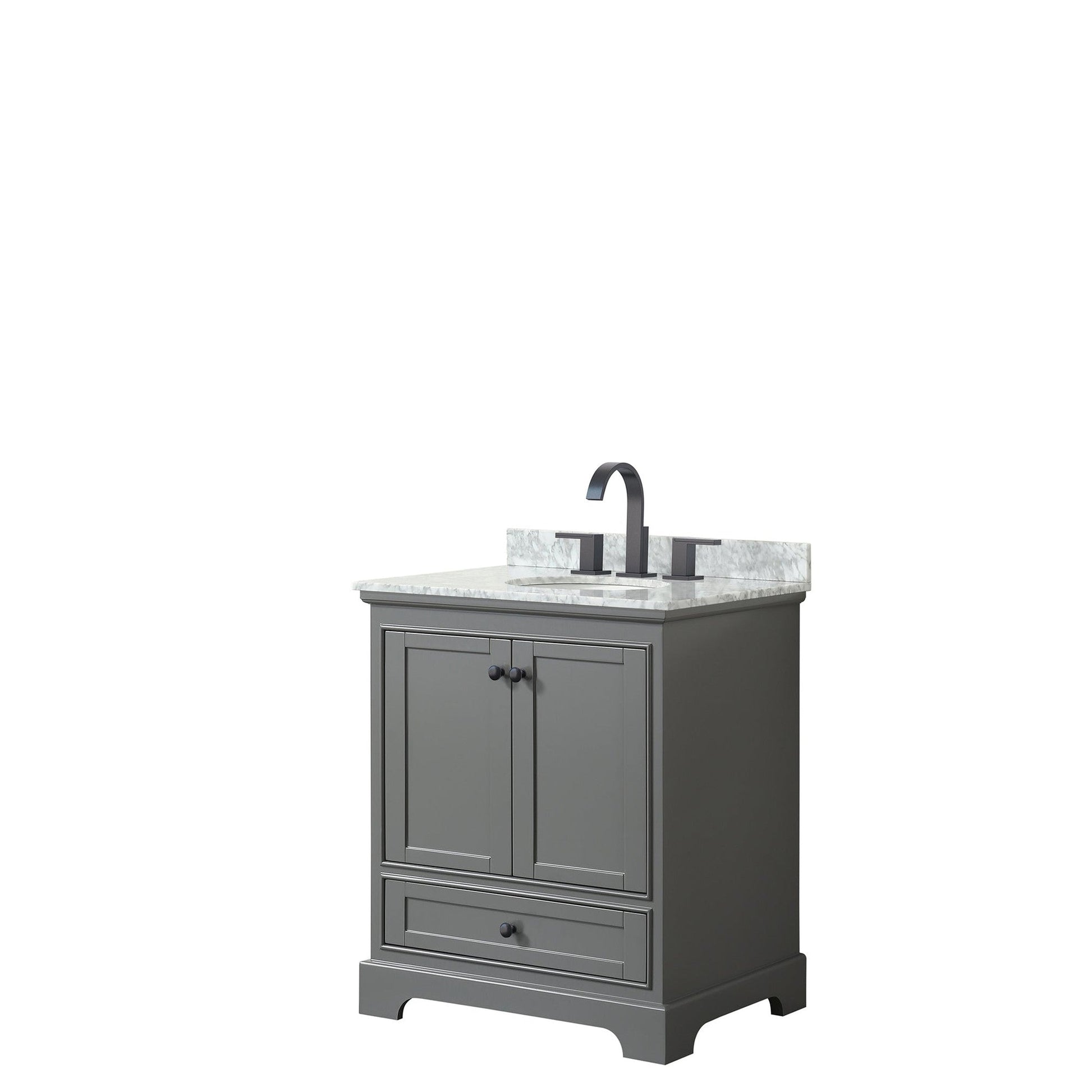 Wyndham Collection Deborah 30" Single Bathroom Vanity in Dark Gray, White Carrara Marble Countertop, Undermount Oval Sink, Matte Black Trim
