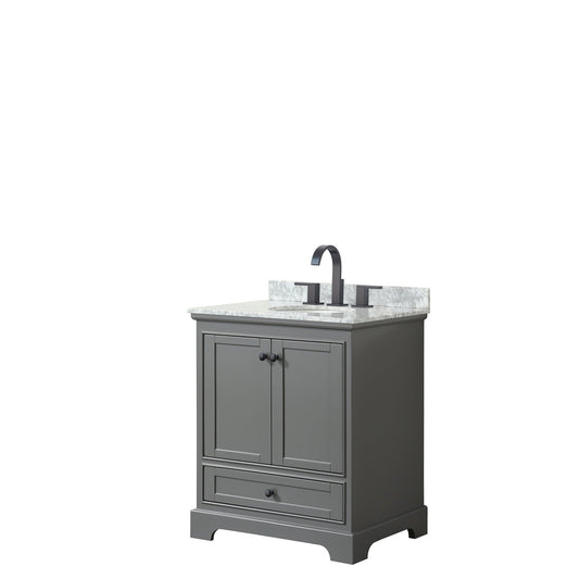 Wyndham Collection Deborah 30" Single Bathroom Vanity in Dark Gray, White Carrara Marble Countertop, Undermount Oval Sink, Matte Black Trim