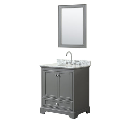 Wyndham Collection Deborah 30" Single Bathroom Vanity in Dark Gray, White Carrara Marble Countertop, Undermount Oval Sink, and 24" Mirror