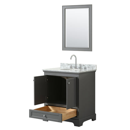 Wyndham Collection Deborah 30" Single Bathroom Vanity in Dark Gray, White Carrara Marble Countertop, Undermount Oval Sink, and 24" Mirror