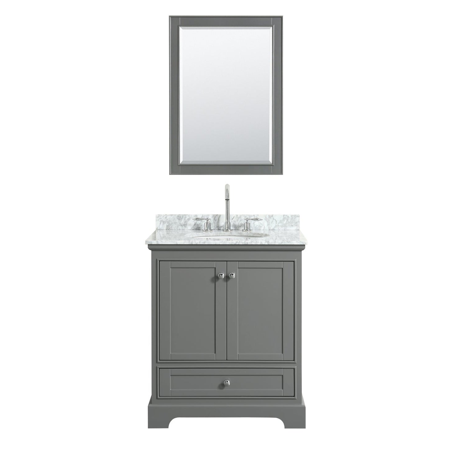 Wyndham Collection Deborah 30" Single Bathroom Vanity in Dark Gray, White Carrara Marble Countertop, Undermount Oval Sink, and 24" Mirror