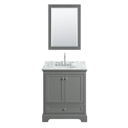 Wyndham Collection Deborah 30" Single Bathroom Vanity in Dark Gray, White Carrara Marble Countertop, Undermount Oval Sink, and 24" Mirror