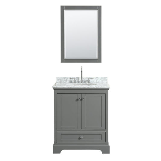 Wyndham Collection Deborah 30" Single Bathroom Vanity in Dark Gray, White Carrara Marble Countertop, Undermount Oval Sink, and Medicine Cabinet