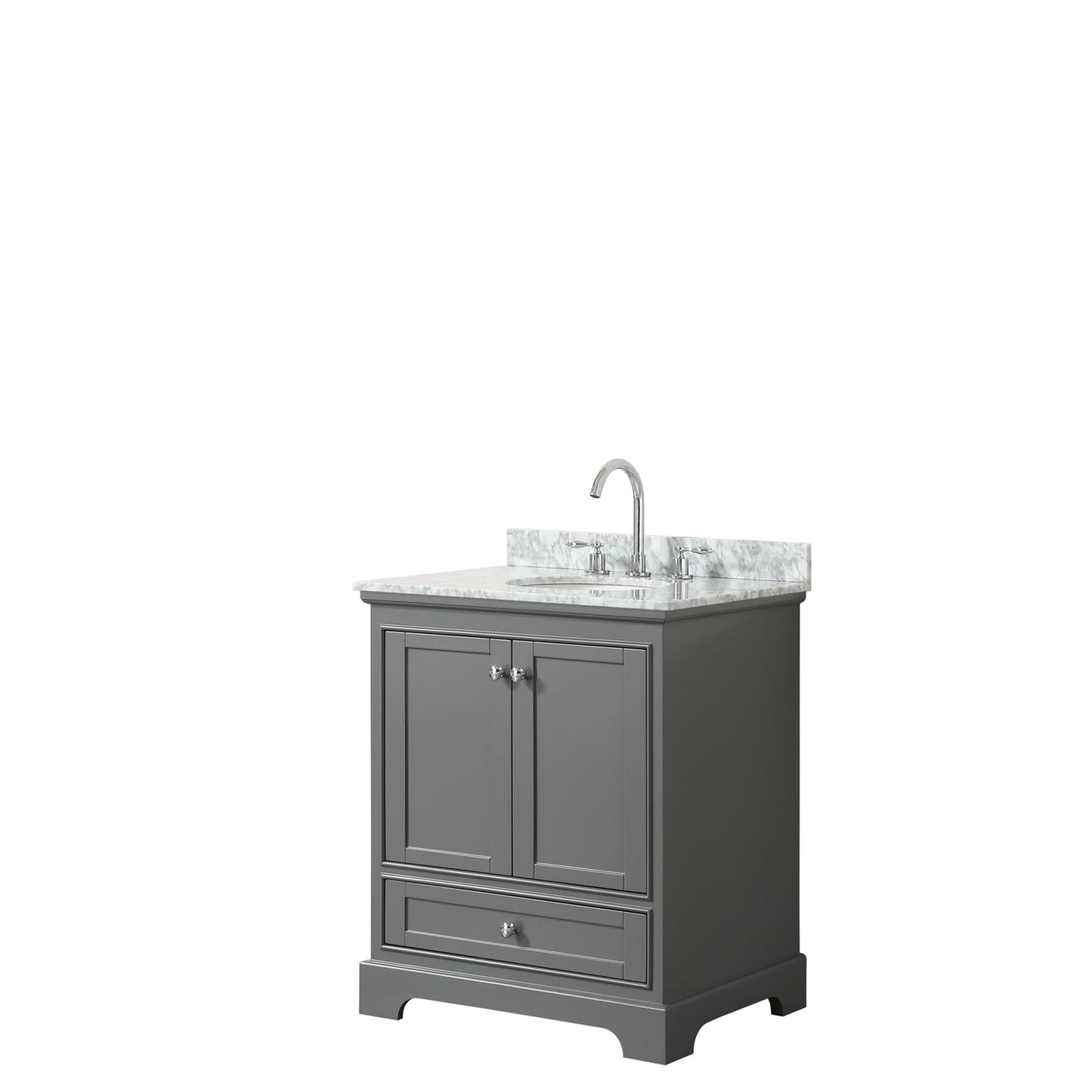 Wyndham Collection Deborah 30" Single Bathroom Vanity in Dark Gray, White Carrara Marble Countertop, Undermount Oval Sink, and No Mirror