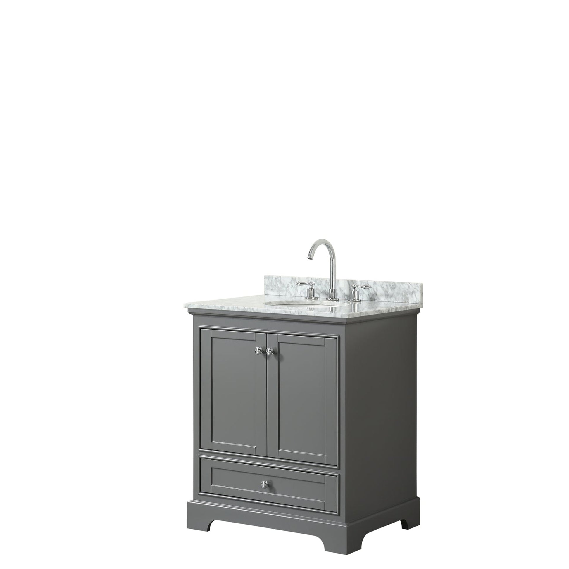 Wyndham Collection Deborah 30" Single Bathroom Vanity in Dark Gray, White Carrara Marble Countertop, Undermount Oval Sink, and No Mirror