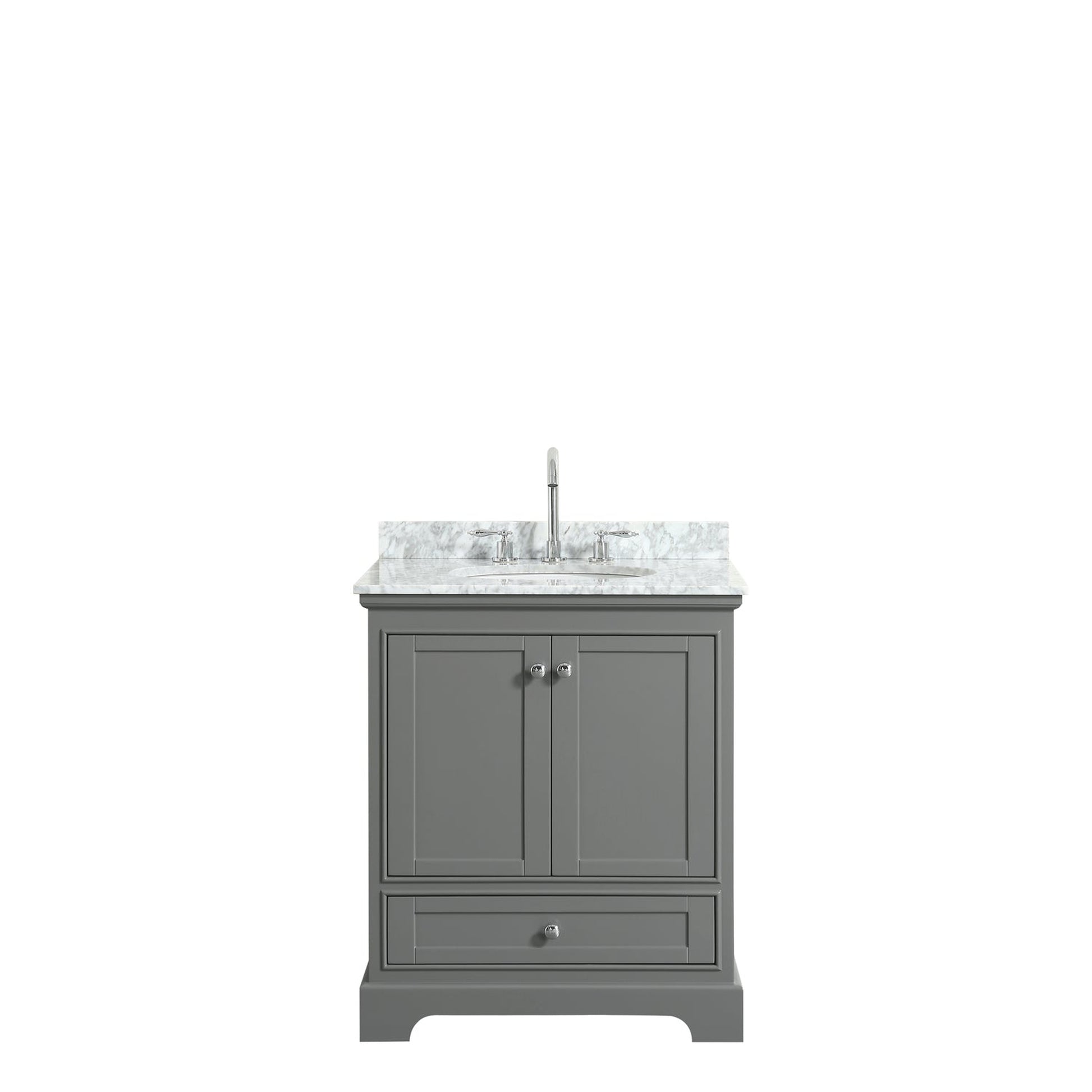 Wyndham Collection Deborah 30" Single Bathroom Vanity in Dark Gray, White Carrara Marble Countertop, Undermount Oval Sink, and No Mirror