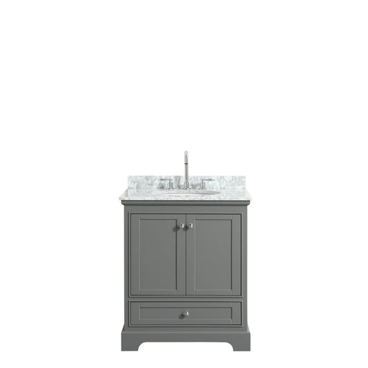 Wyndham Collection Deborah 30" Single Bathroom Vanity in Dark Gray, White Carrara Marble Countertop, Undermount Oval Sink, and No Mirror