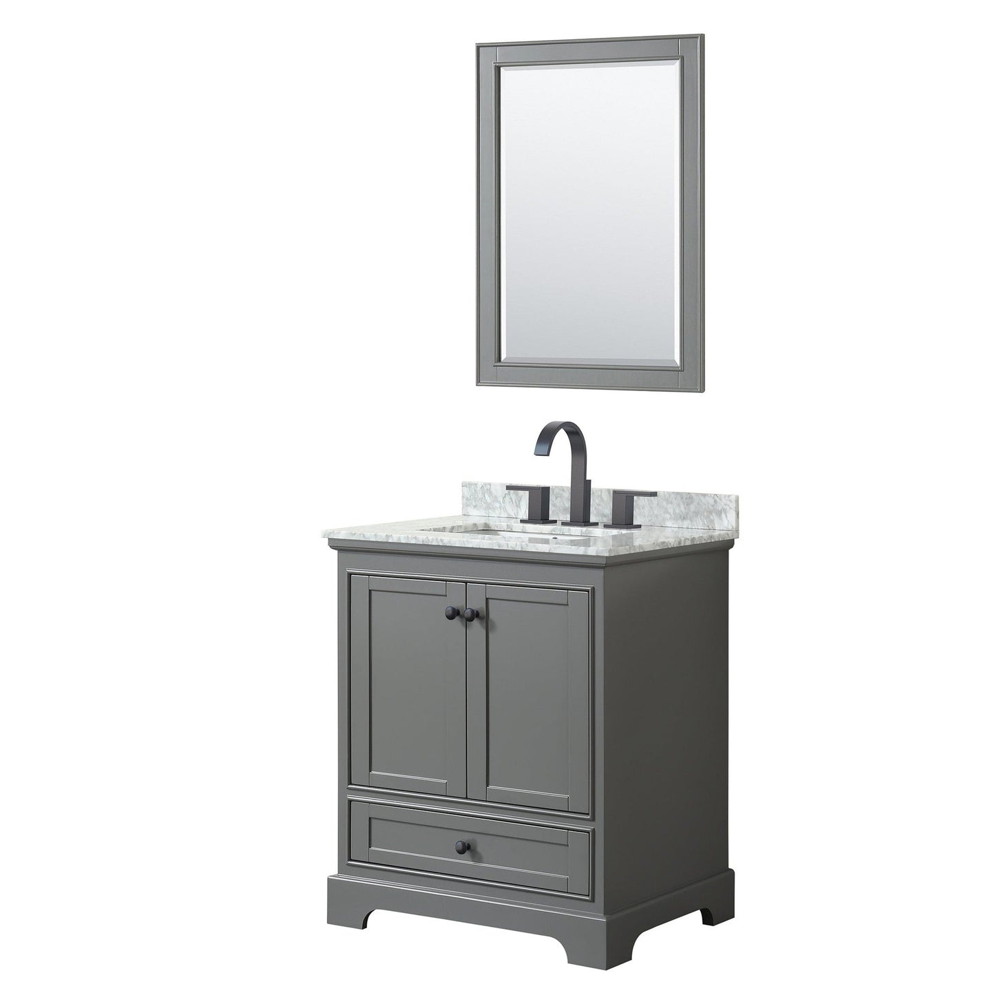 Wyndham Collection Deborah 30" Single Bathroom Vanity in Dark Gray, White Carrara Marble Countertop, Undermount Square Sink, Matte Black Trim, 24" Mirror