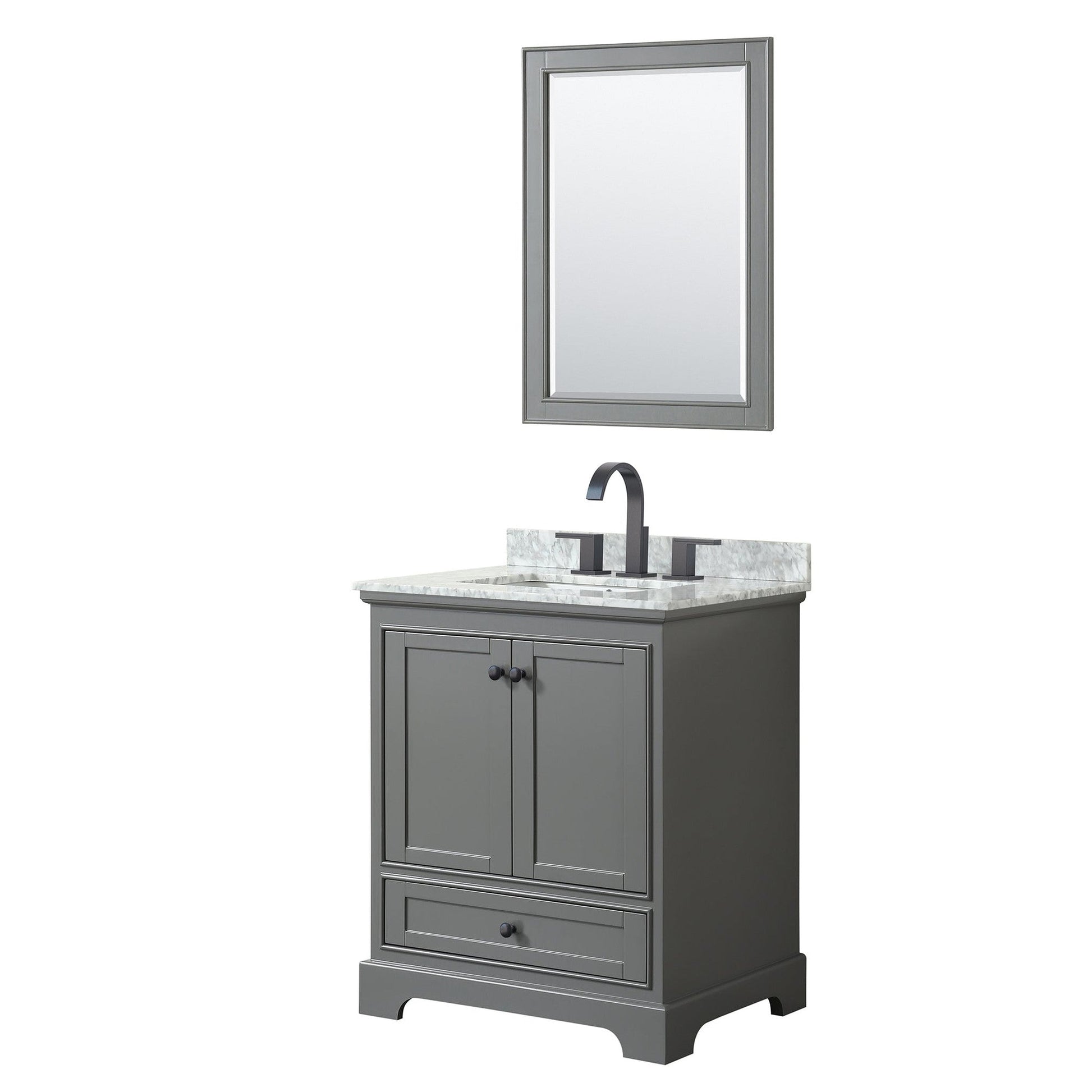 Wyndham Collection Deborah 30" Single Bathroom Vanity in Dark Gray, White Carrara Marble Countertop, Undermount Square Sink, Matte Black Trim, 24" Mirror
