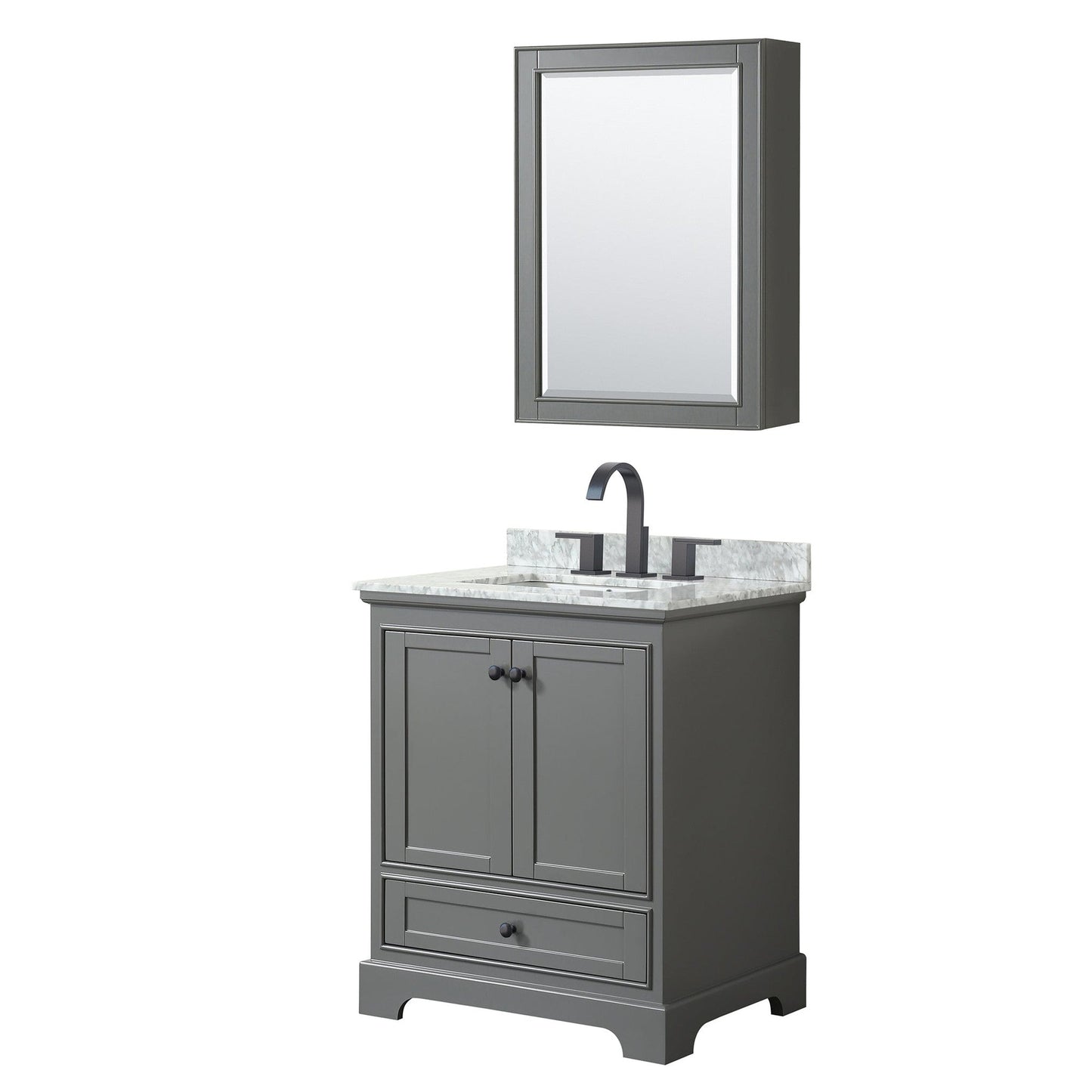 Wyndham Collection Deborah 30" Single Bathroom Vanity in Dark Gray, White Carrara Marble Countertop, Undermount Square Sink, Matte Black Trim, Medicine Cabinet