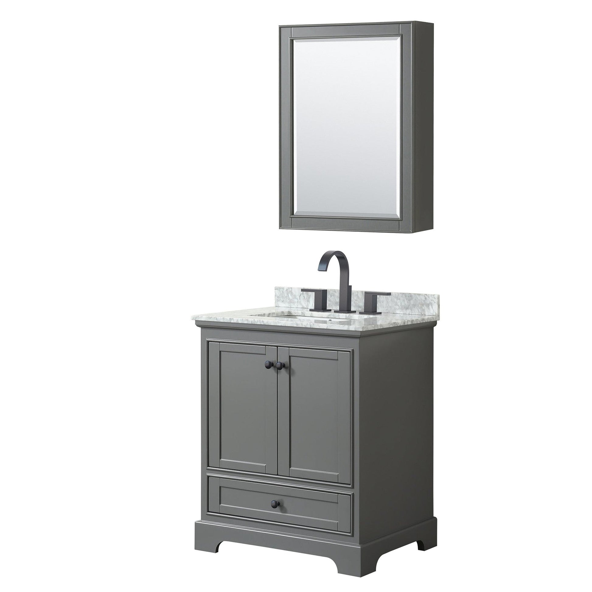 Wyndham Collection Deborah 30" Single Bathroom Vanity in Dark Gray, White Carrara Marble Countertop, Undermount Square Sink, Matte Black Trim, Medicine Cabinet