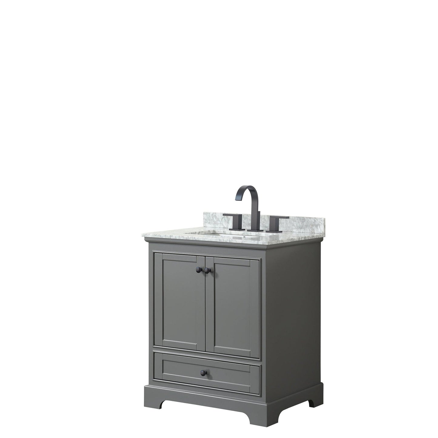 Wyndham Collection Deborah 30" Single Bathroom Vanity in Dark Gray, White Carrara Marble Countertop, Undermount Square Sink, Matte Black Trim