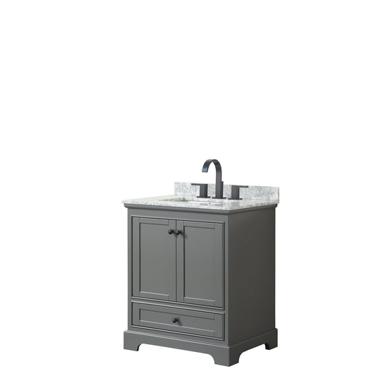 Wyndham Collection Deborah 30" Single Bathroom Vanity in Dark Gray, White Carrara Marble Countertop, Undermount Square Sink, Matte Black Trim